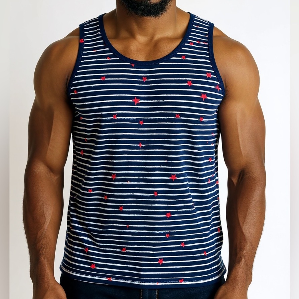 Trunks Surf & Swim Co Navy and Red Striped Men's Top Swim Top UPF 50+ Size L/G